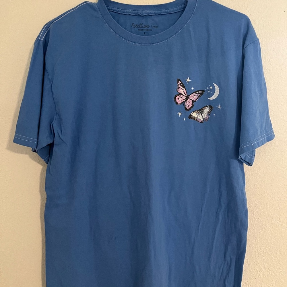 Blue T-Shirt with Butterfly and Moon Design